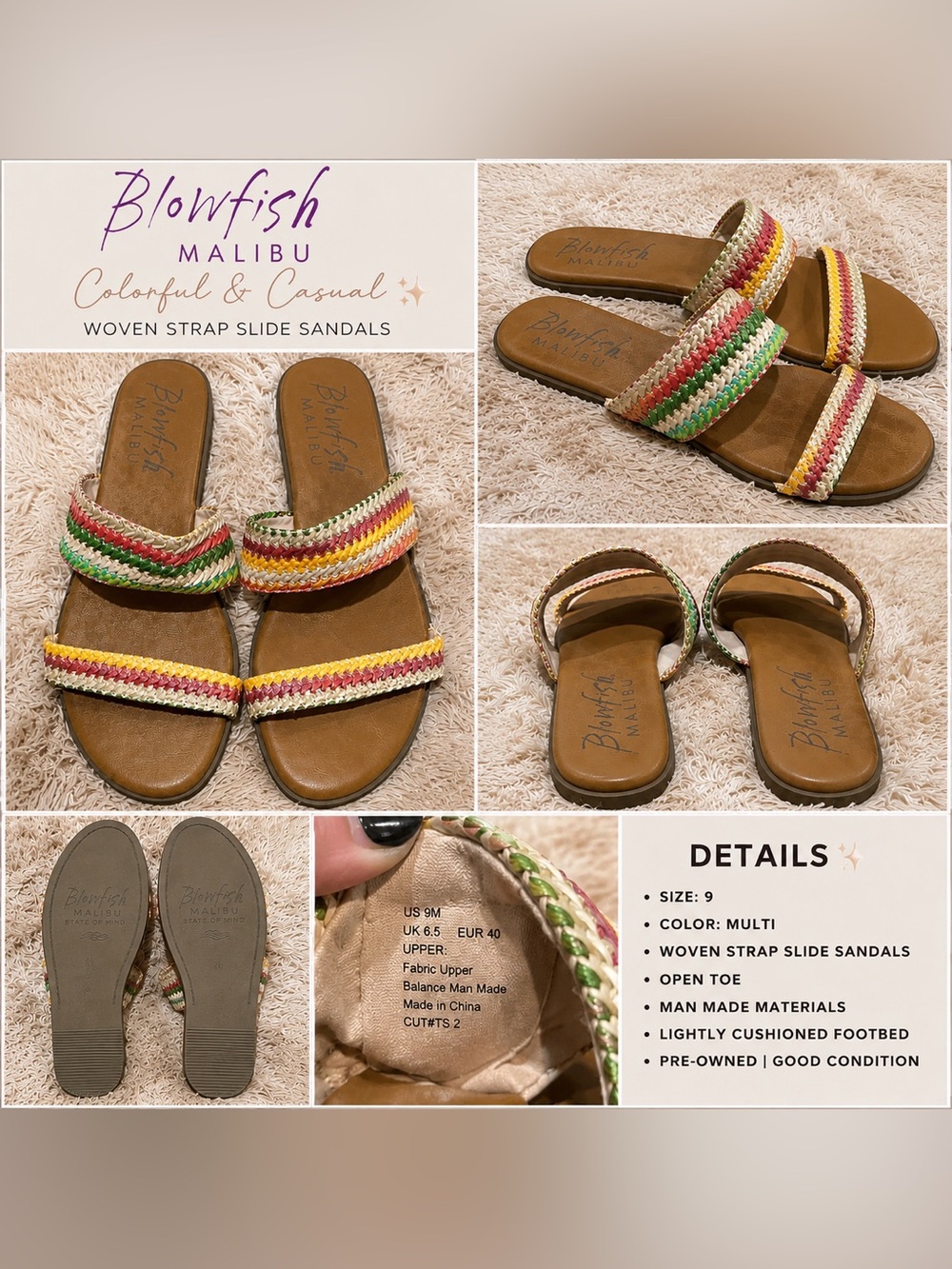 Blowfish Malibu Multi-Color Woven Double-Strap Slide Sandals. Size 9
